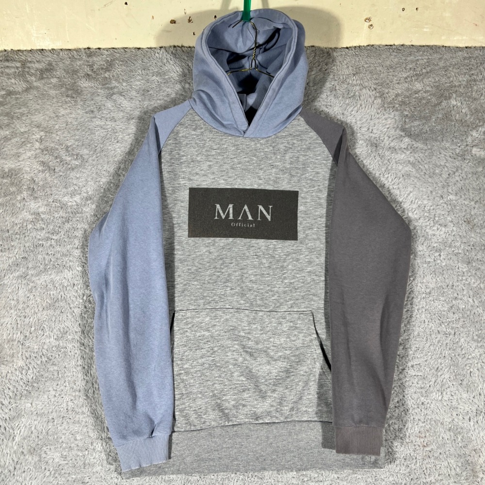 BoohooMAN Hoodie Mens Medium Gray Colorblock Raglan MAN Official Sweatshirt